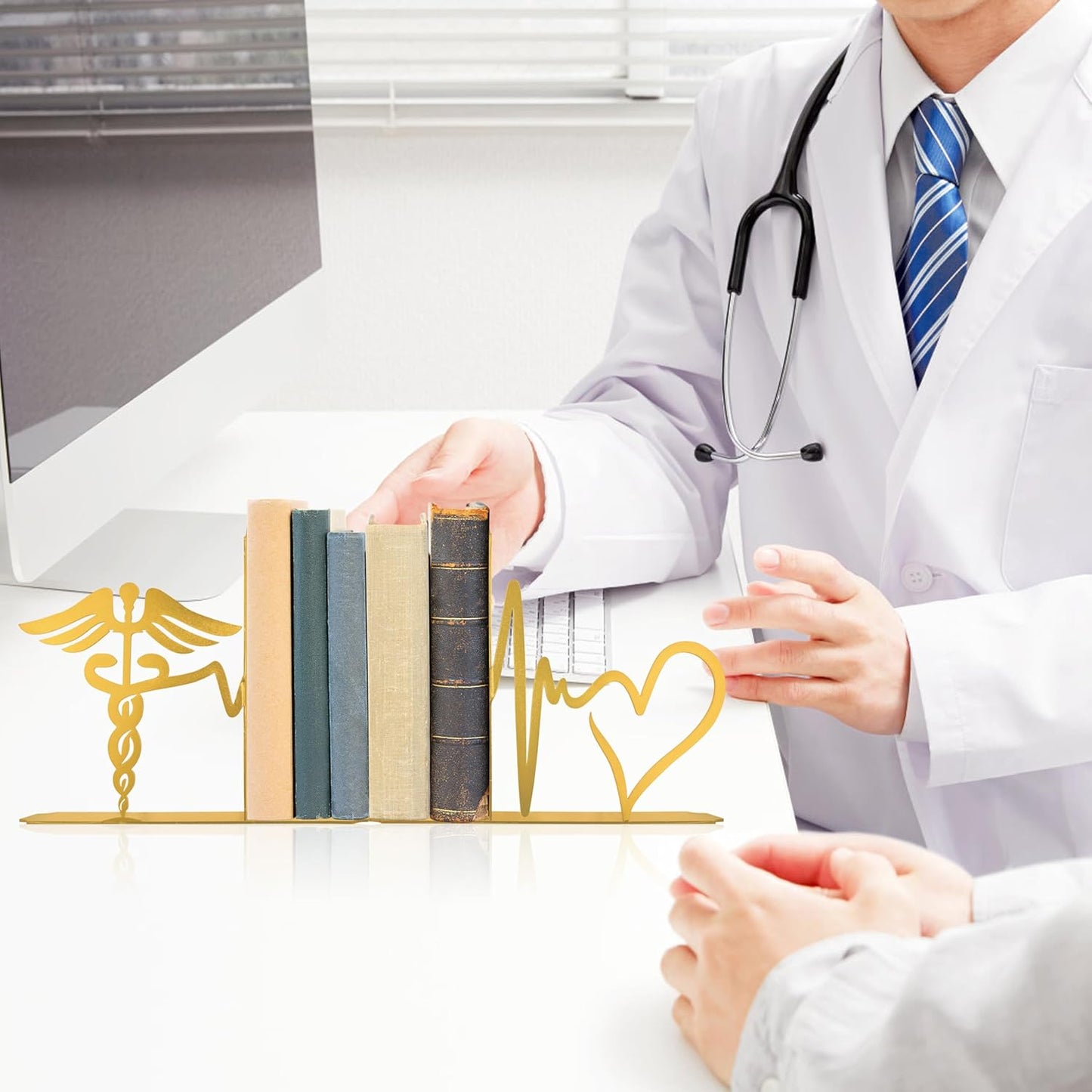 Medical-Themed Bookends for Shelves - Sturdy Office Decor for Clinics, Nurse Gifts & Study Decor, 7.1x1.2x6 Inch Bookshelf Decoration for Medical Professionals(Gold)