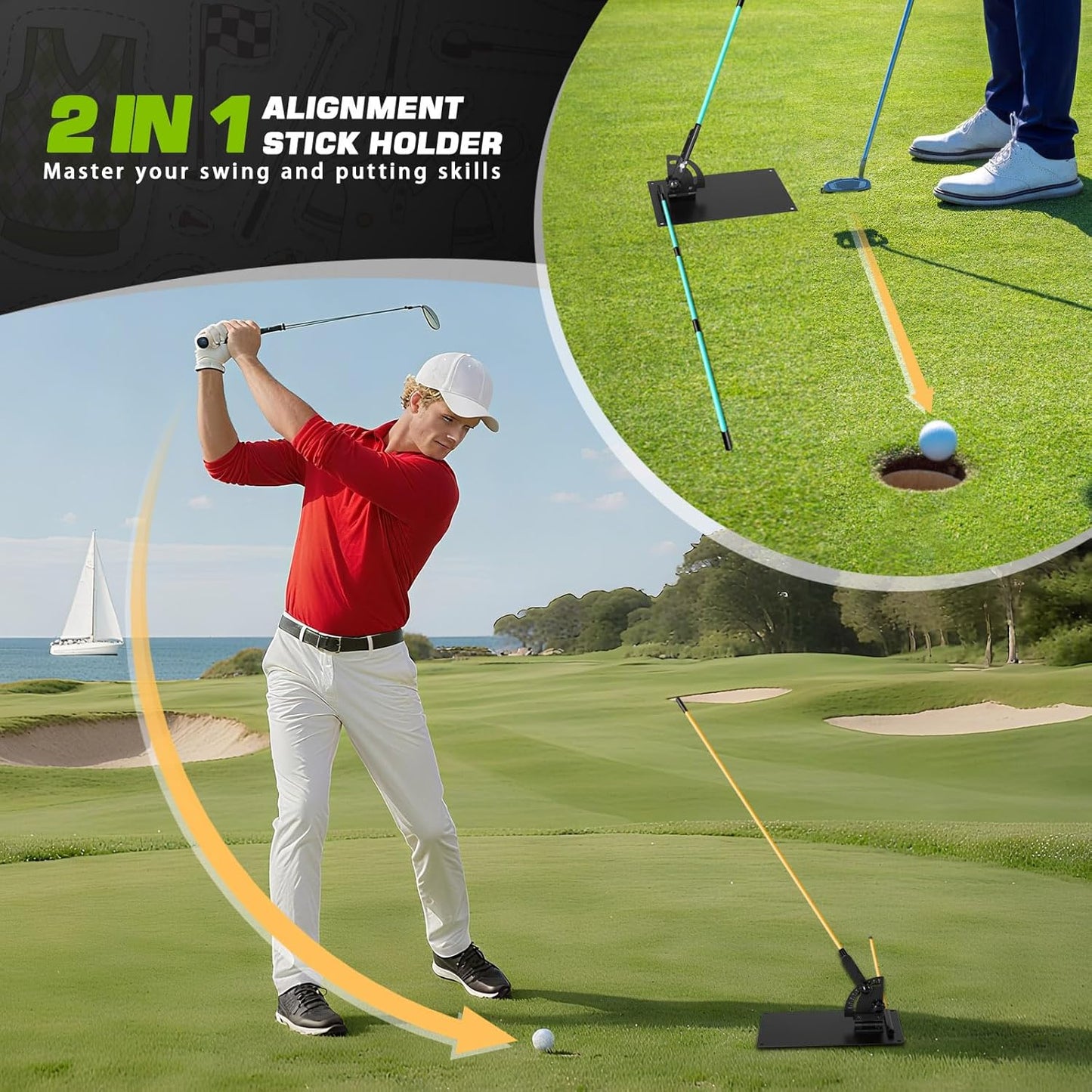 Pro Golf Alignment Sticks Holder – Adjustable Swing Plane Trainer with Weighted Base | Angle Plate Golf Training Aid for Swing Path, Putting & Aiming
