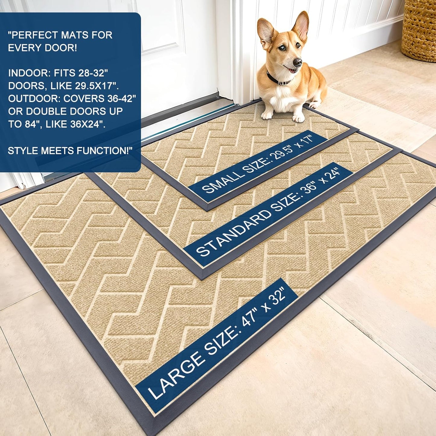 OLANLY Front Door Mat Indoor Outdoor Entrance, Waterproof All-Season, All-Weather Doormat, Sturdy Natural Rubber, Low Profile, Easy Clean Patio Porch Entryway Mat, Herringbone Brick (Beige, 29.5x17)