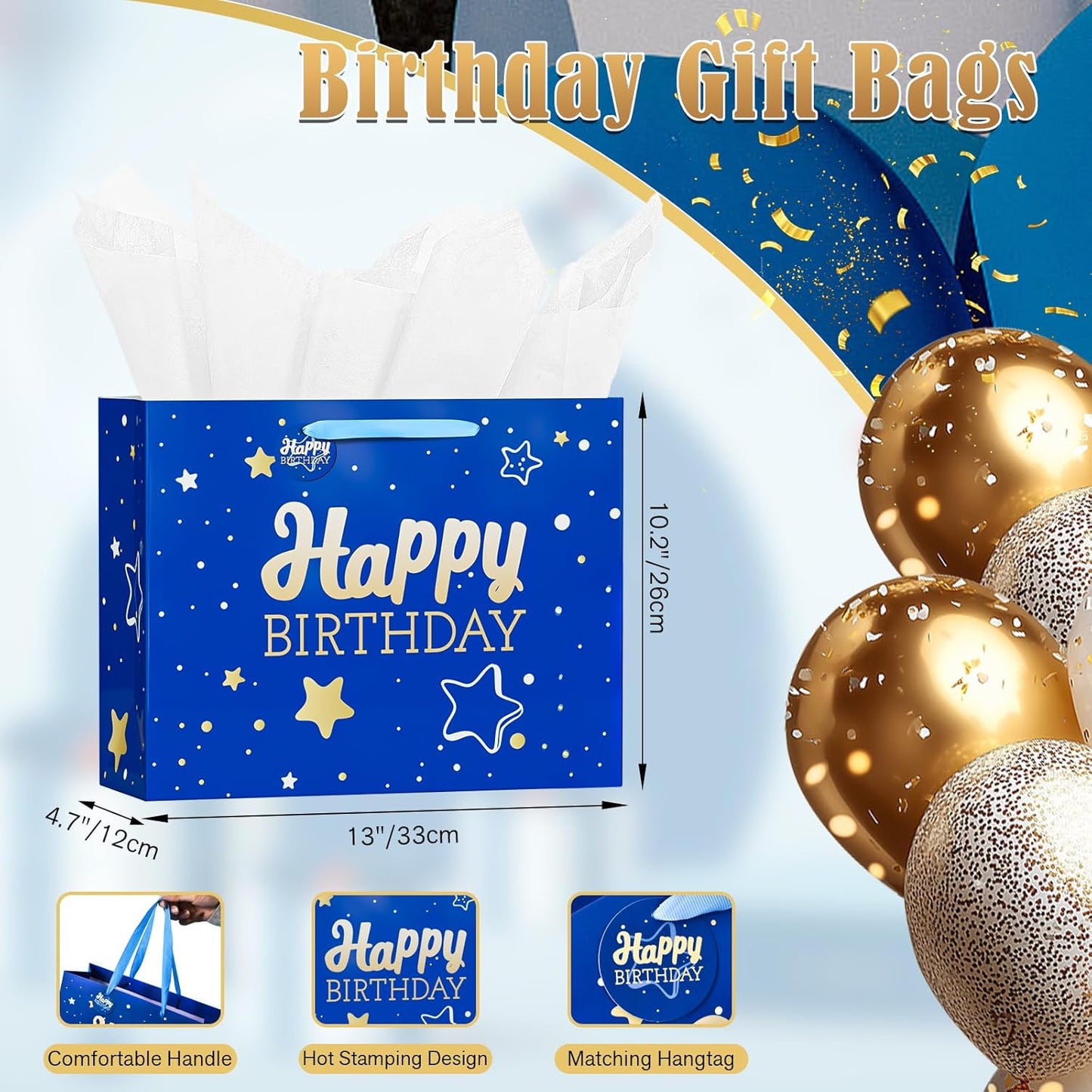 13" Blue Happy Birthday Gift Bag with Tissue Paper and Greeting Card for Party,Happy Birthday Gift Bag for Men Women,Gift Bags Medium size(1 PCS Blue Hot Stamping)