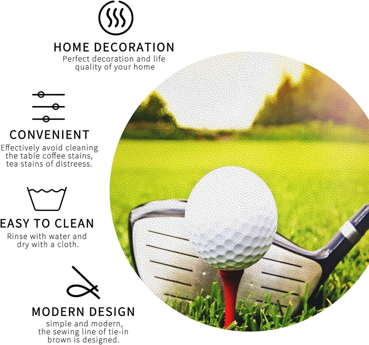 Coasters for Drinks Set of 6, Golf Ball Sports Drink Coasters for Coffee Table, Table Cup Mat Leather Desk Coaster for Drinks, Bar Coasters for Office Home Decor