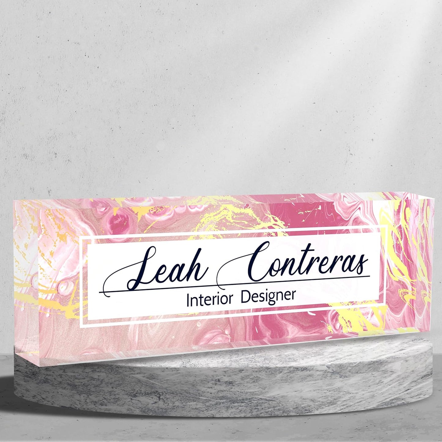 Personalized Name Plate for Desk Custom Acrylic Desk Name Plate Custom Employee Appreciation Gifts Office Gifts for Women, Men, Boss, Coworkers, Teacher, Nurse (Pink Flow Gold)