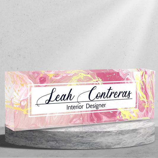 Personalized Name Plate for Desk Custom Acrylic Desk Name Plate Custom Employee Appreciation Gifts Office Gifts for Women, Men, Boss, Coworkers, Teacher, Nurse (Pink Flow Gold)
