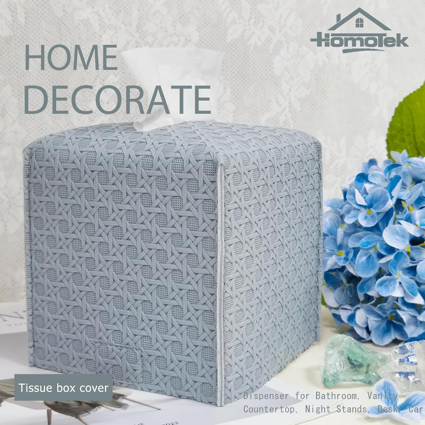 HOMOTEK 2 Pack Tissue Box Cover, Square PU Leather Tissue Holder, Decorative Facial Tissue Cube Paper Organizer Dispenser for Bathroom, Night Stands, Desk, Car 5X5X5'' - Rattan Weave, Light Gray