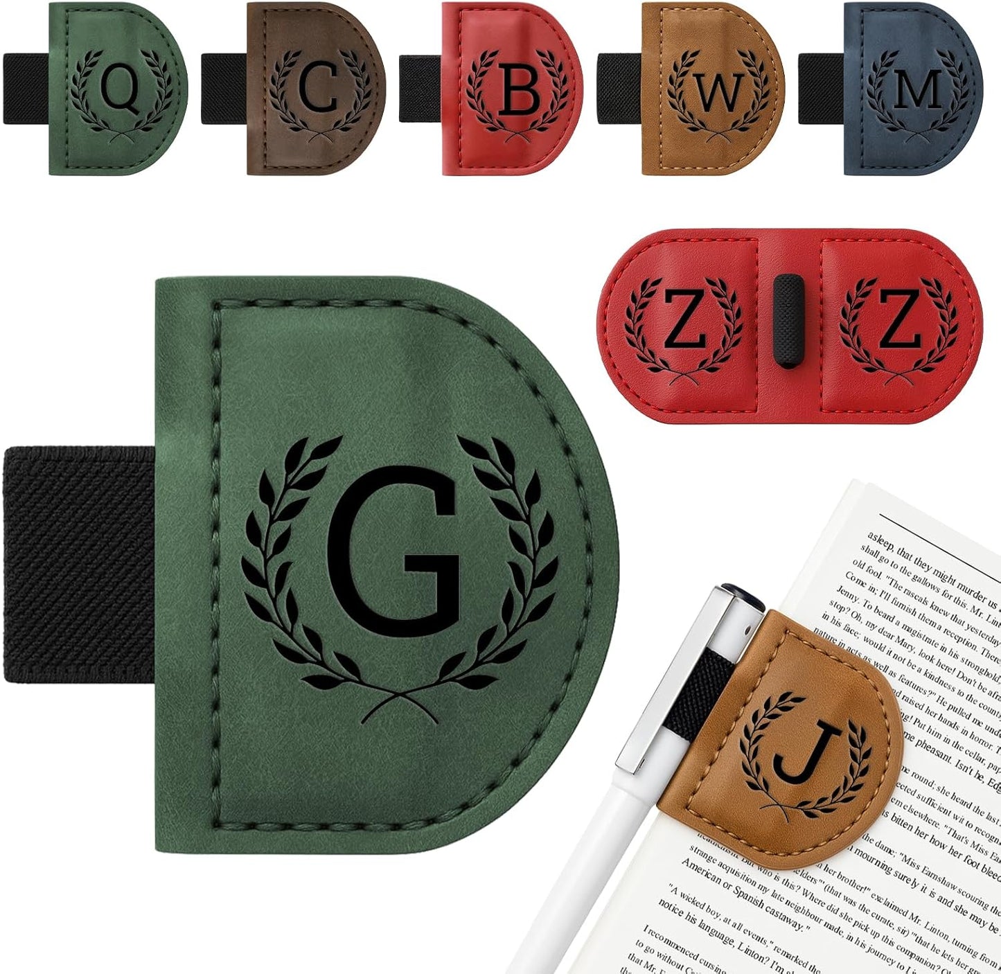 Personalized Bygone Mark Bookmark with Pen Holder,Engraving Leather Magnetic Bookmarks Vintage 26 Letters Name Initials Text Book Marker Clips Gifts for Reading Book Lovers Women (Green, G)