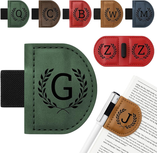 Personalized Bygone Mark Bookmark with Pen Holder,Engraving Leather Magnetic Bookmarks Vintage 26 Letters Name Initials Text Book Marker Clips Gifts for Reading Book Lovers Women (Green, G)