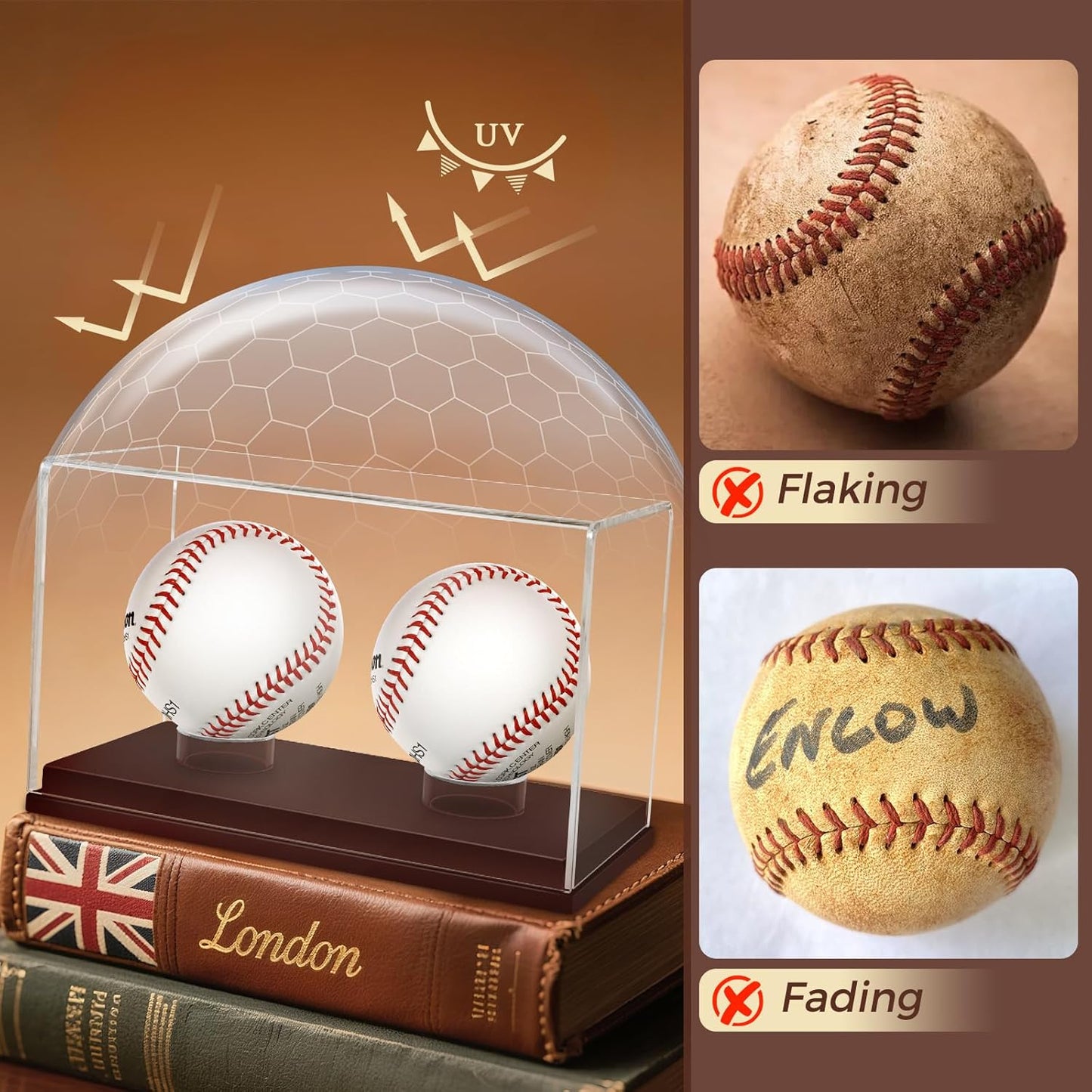 Baseball Display Case, UV Protected Clear Acrylic Cube Golf Ball Display Holder, Autograph Stand and Memorabilia Showcase Box for Two Ball, Brown Wooden Base