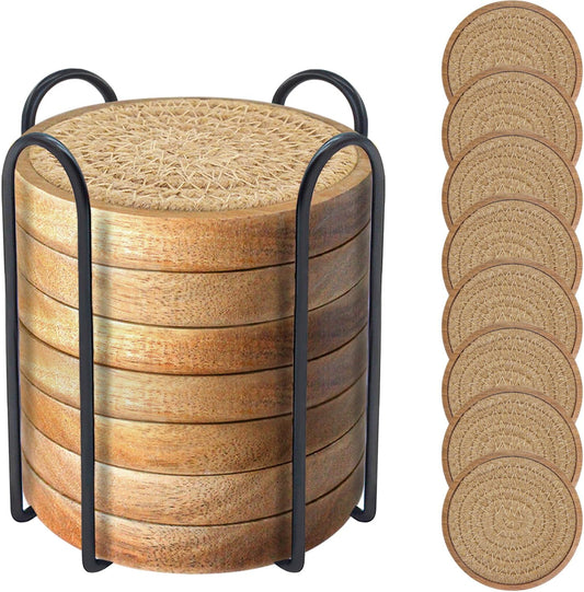 Wood Coasters for Drinks, Absorbent Coaster Sets of 8, Woven Drink Coasters for Coffee Table, Housewarming Gift for Farmhouse Home Decor,4.3 inches Brown