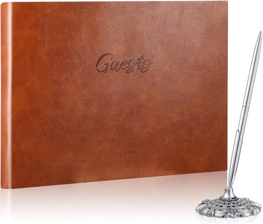 Leather Guest Book and Pen Stand Set, 10.5" x 8" Embossed Guests Sign in Book Registry Book for Funeral, Wedding Reception, Vacation Homes and Events, 80 Sheets (Brown)