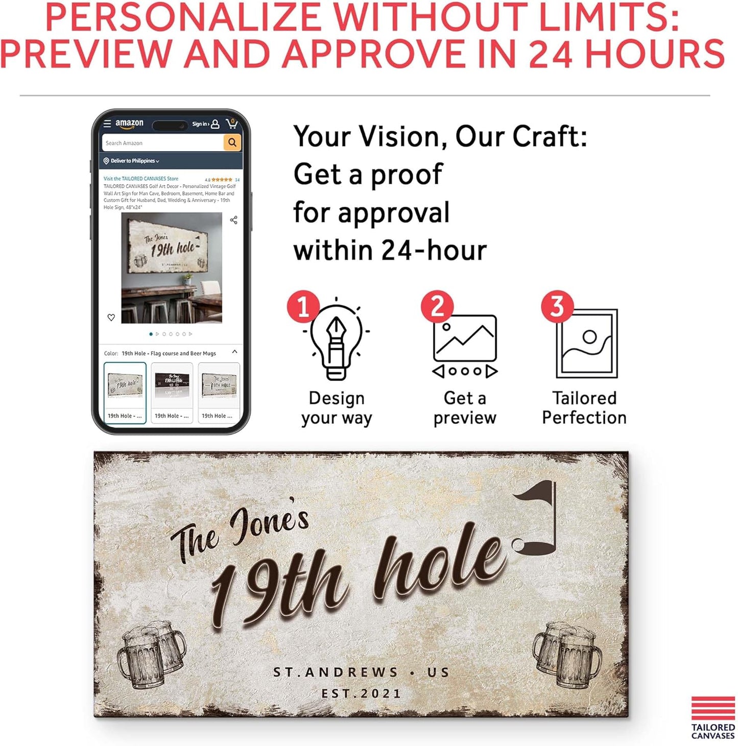 TAILORED CANVASES Golf Art Decor - Personalized Vintage Golf Wall Art Sign for Man Cave, Bedroom, Basement, Home Bar and Custom Gift for Husband, Dad, Wedding & Anniversary - 19th Hole Sign, 60"x30"