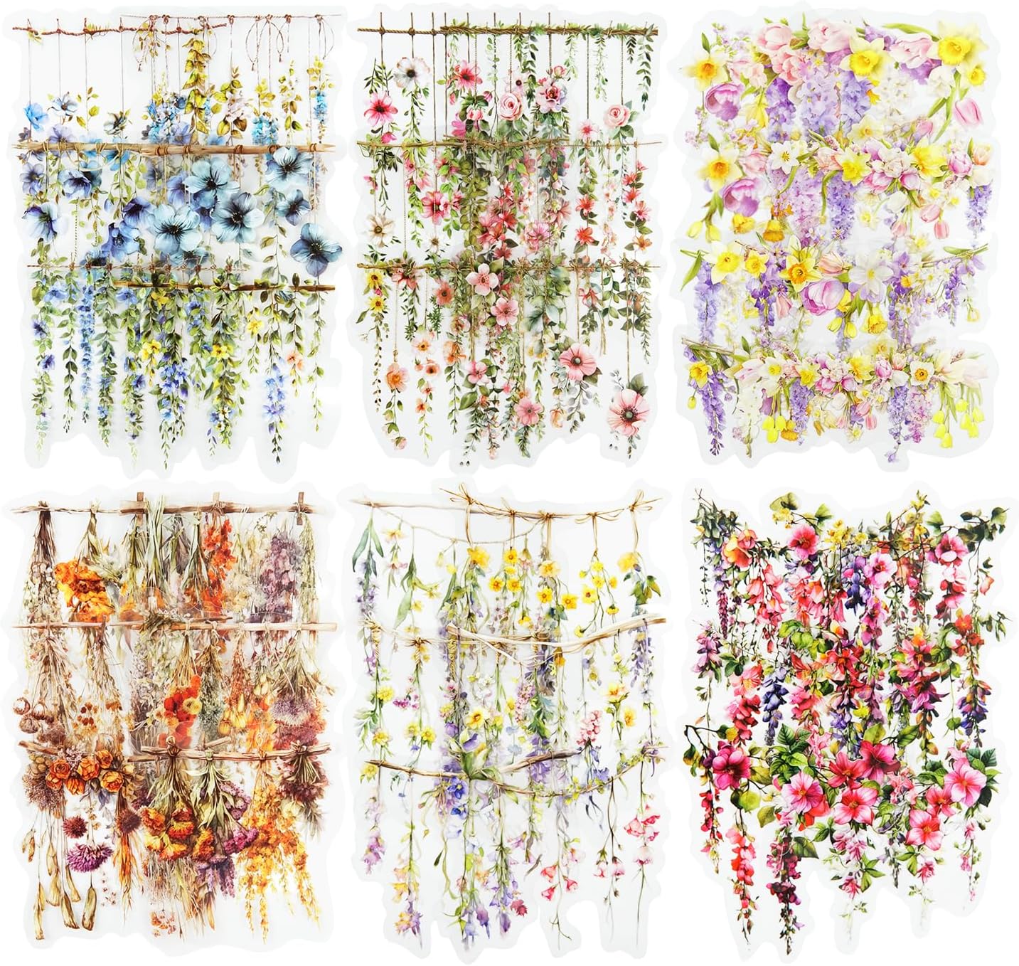 Hanging Floral PET Stickers Set, 60PCS Botanical Flower Stickers for Scrapbooking, Journaling, DIY Crafts, and Art Supplies
