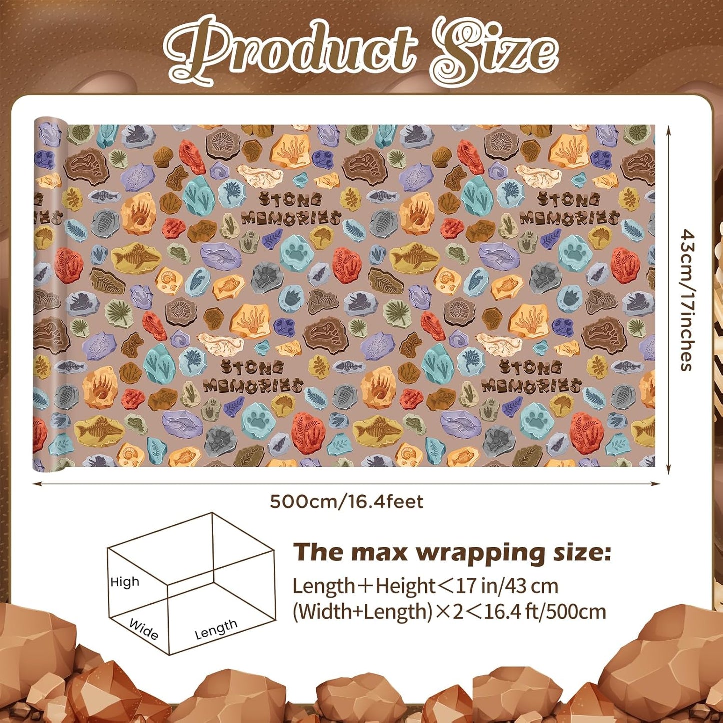 Pineraap Fossil Wrapping Paper Roll - 17Inch x16.4Feet - Dinosaur Animal Skeletons Paleontology Theme Gift Wrap for Science Parties,Birthdays,Educational Events