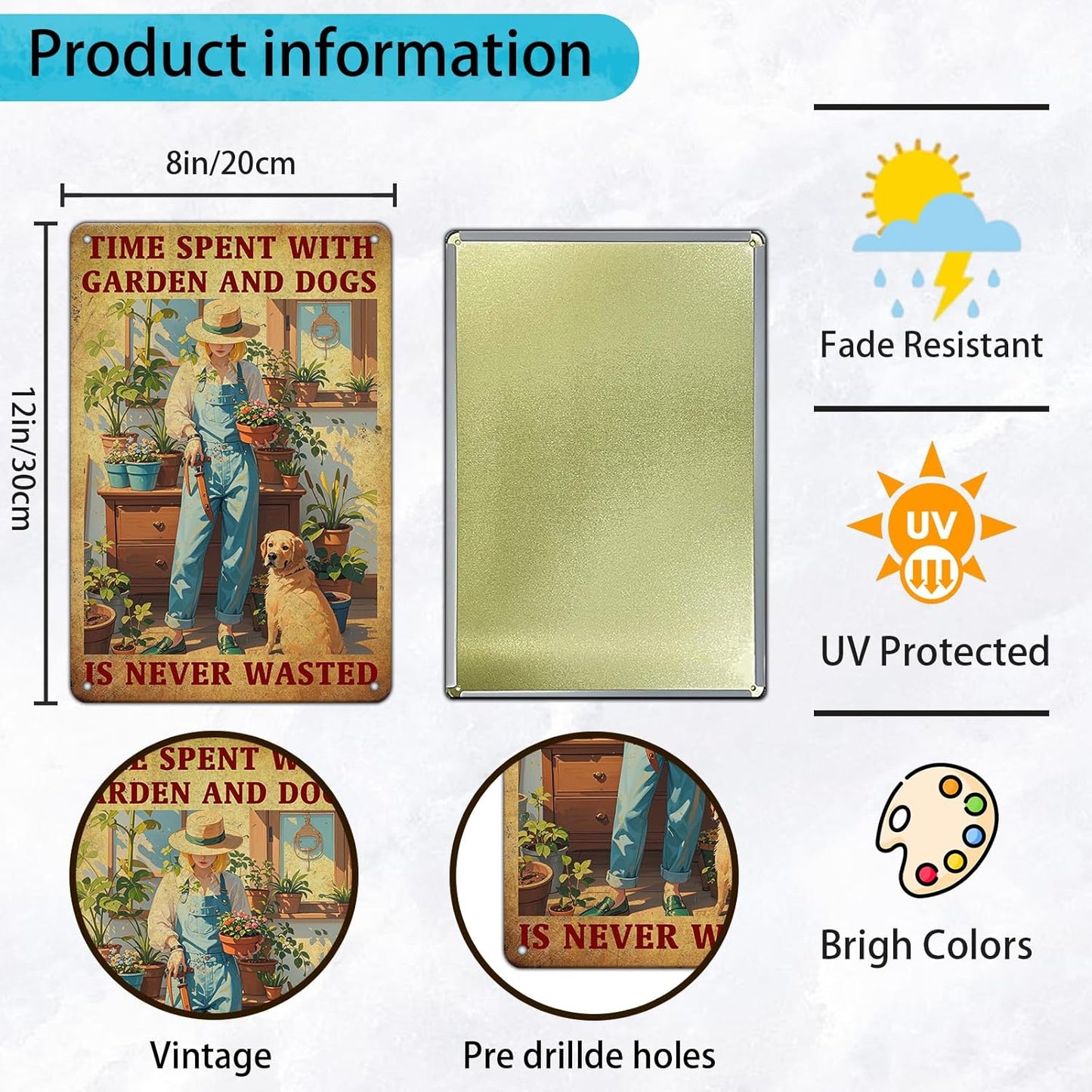 Vintage Garden Time Spent with Garden and Dogs is Never Wasted Metal Tin Sign 8x12 Inch Home Restaurant Wall Decor