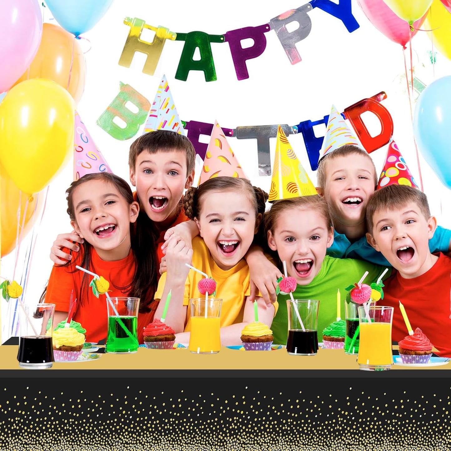 6 Pack Rectangle Plastic Dot Tablecloth Set, 54 X 108 Inch Plastic Table Cover, 12 x 108 Inch Satin Table Runners for Wedding Graduation Birthday New Year Party Decorations (Black, Gold)