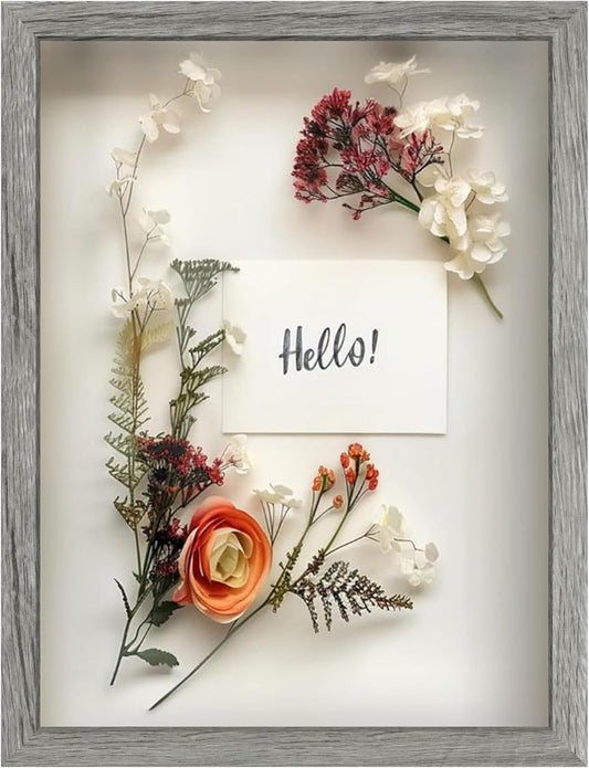 FrameWorks 12x16 Driftwood Wooden Shadow Box Frame – Soft Felt Back, Tempered Glass, and Included Elegant White Ball Push Pins