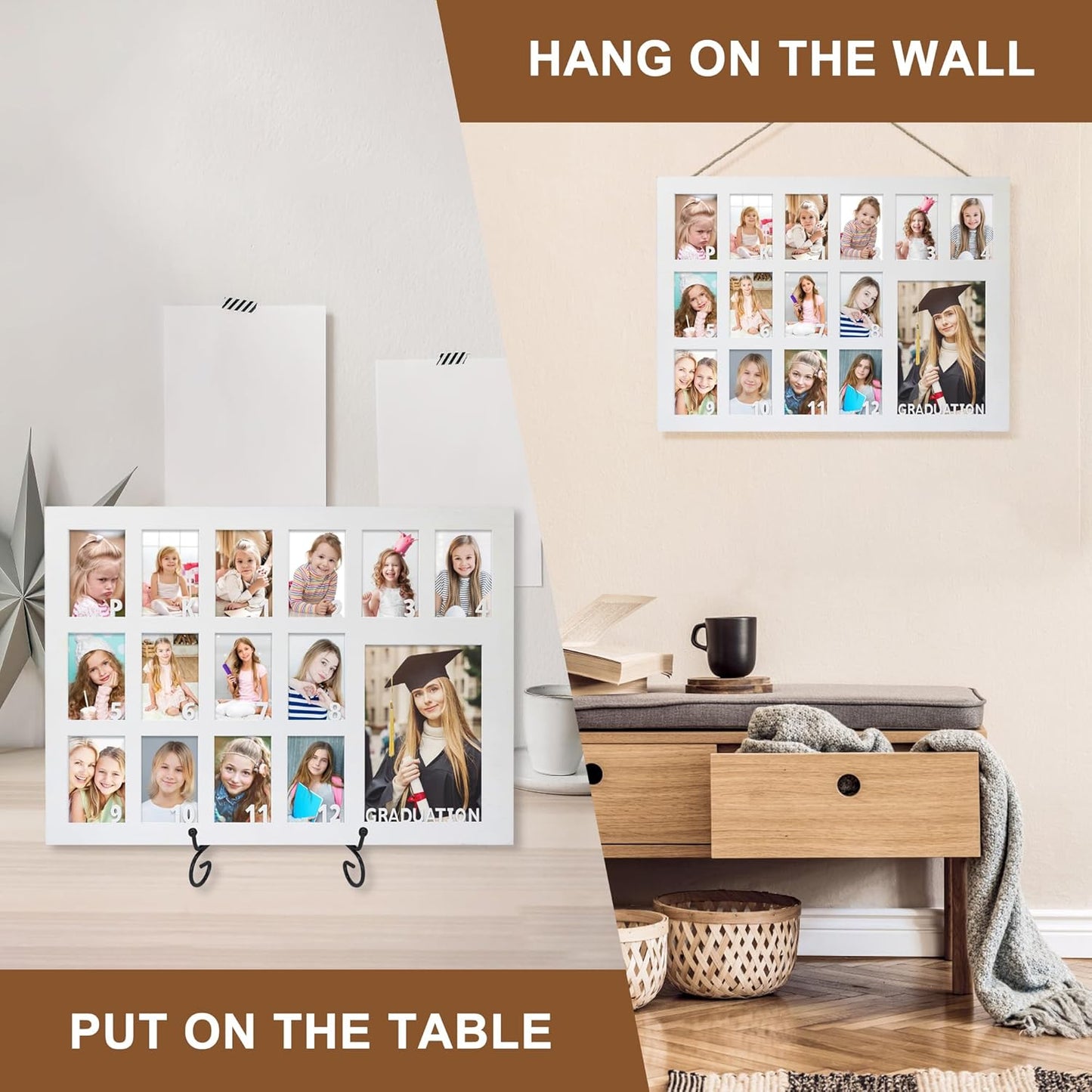 School Years Picture Frame Pre K to 12 White Graduation Gift Collage Frame with Stand Easel, Displays One 4x6 and Twelve 2x3 Wallet Photos