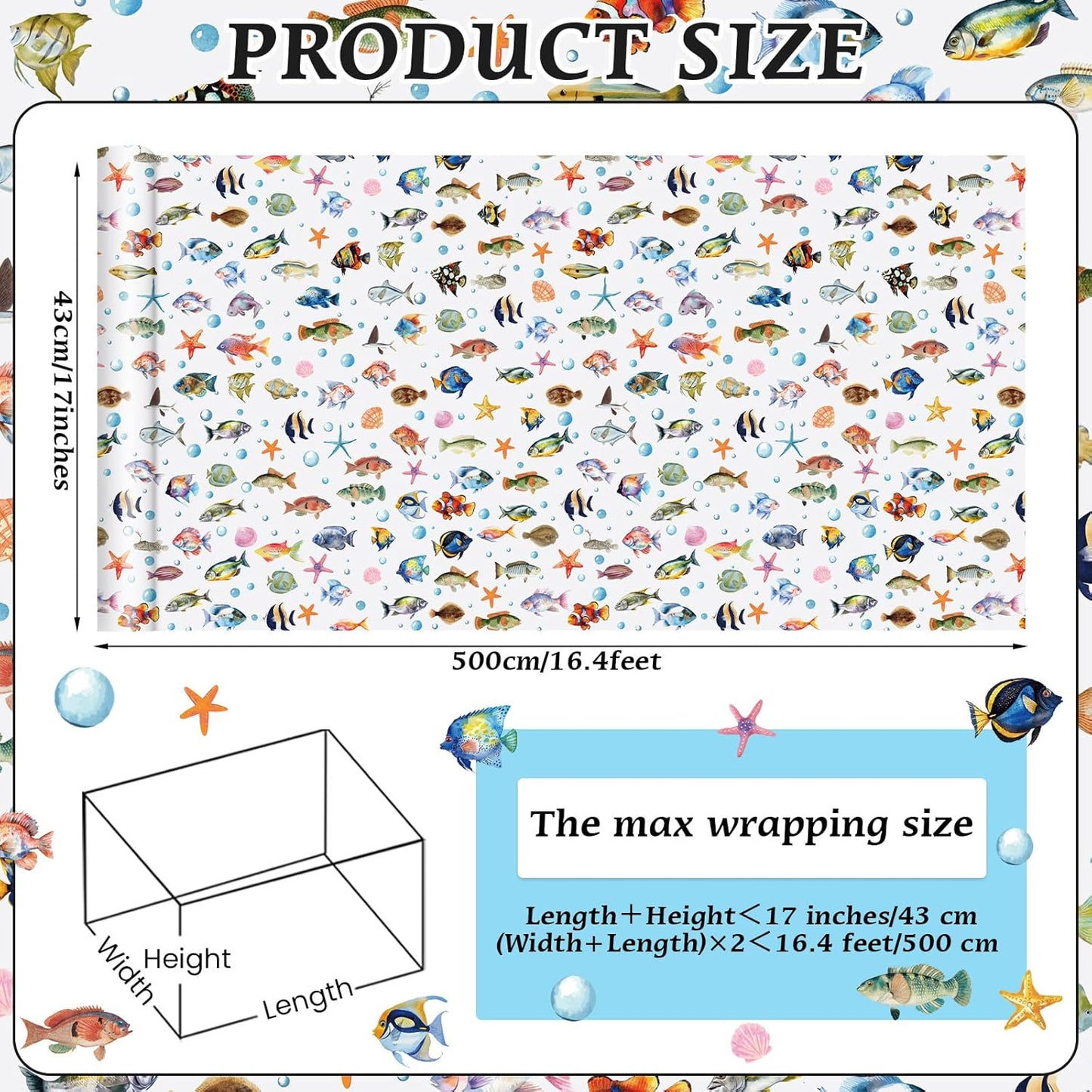 Fish Wrapping Paper Roll - Watercolor Colorful Ocean Theme Gift Wrap for Beach Parties,Birthdays,Baby Showers,17Inch x16.4Feet