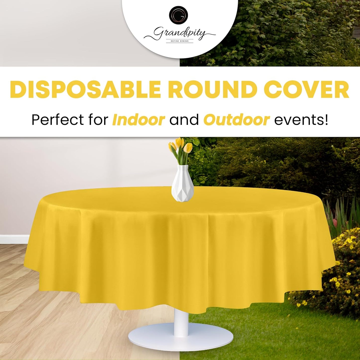 Grandipity 12 Pack Premium Disposable Plastic Tablecloth 84" Inch Decorative Round Table Cover - Yellow