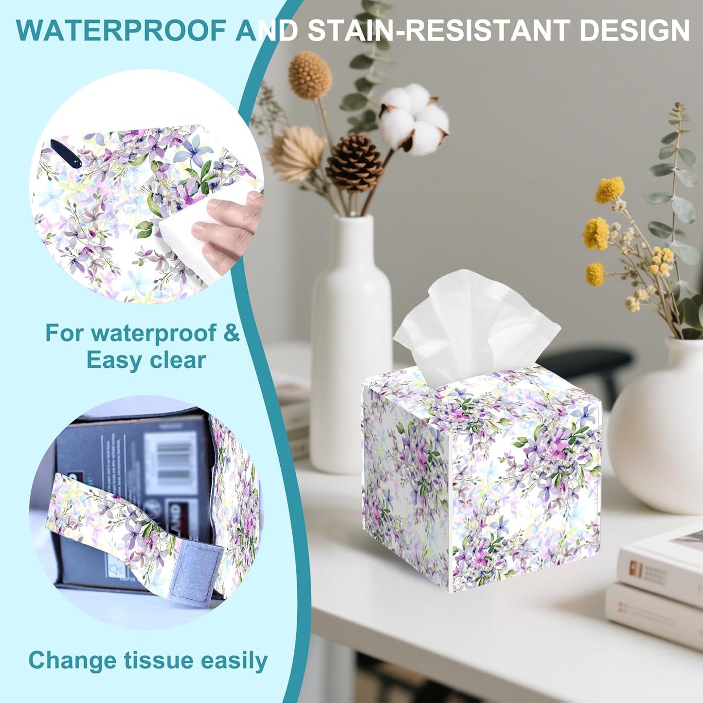 Watercolor Wild Flowers Tissue Box Holder,Purple Flowers Square Leather Tissue Box Cover with Bottom Belt,Modern Napkin Holder Organizer for Car Bathroom Nightstand Vanity Office,5.2" x 5.2" x 5.2"