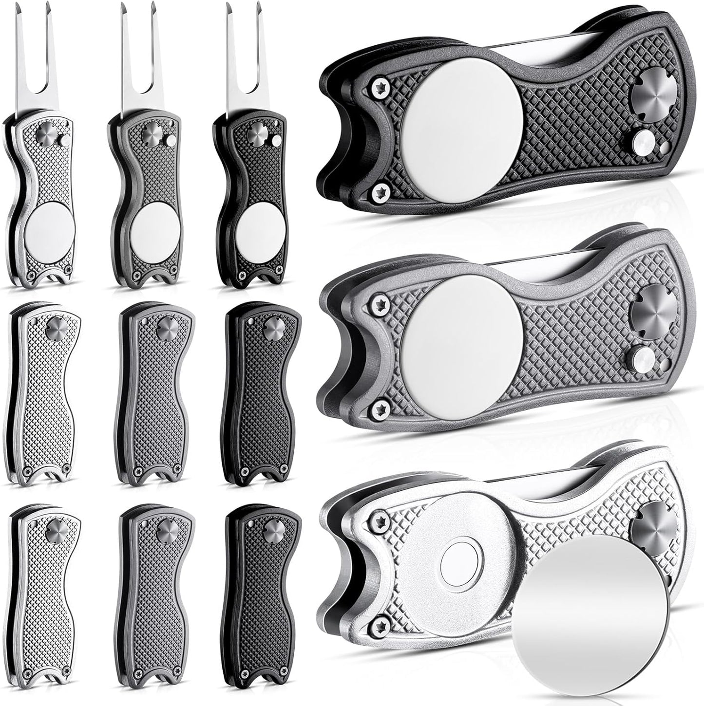Poen 12 Pcs Golf Divot Tool Golf Repair Tool with Magnetic Ball Marker and Popping Button Metal Foldable Switchblade Repair Fixer for Golfers Prizes