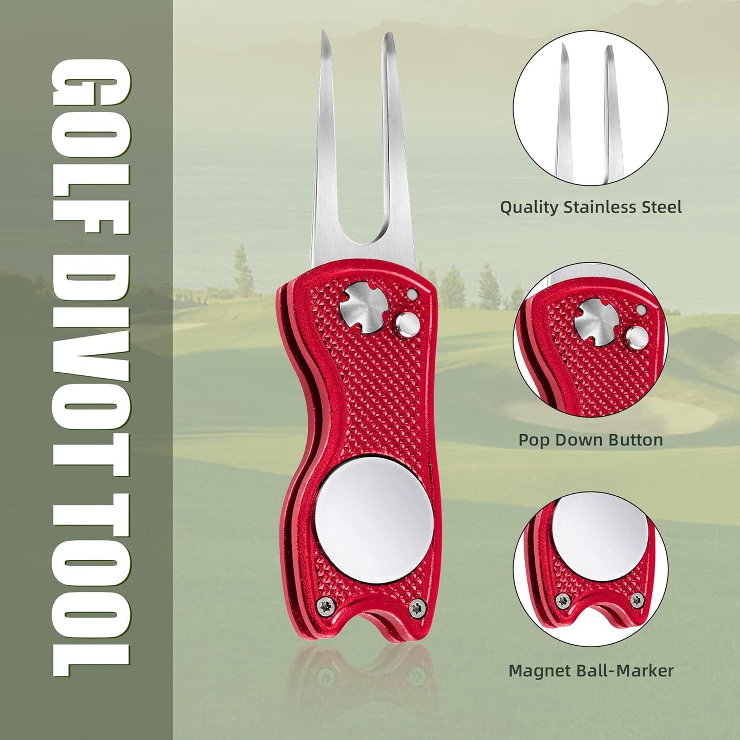 Mile High Life Golf Divot Repair Tool, All Metal Foldable Divot Tool with Pop-up Button & Magnetic Ball Marker, 2-6 Pack