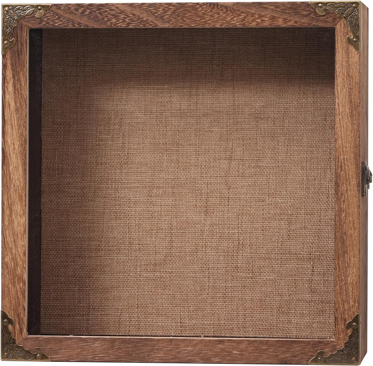 11x11 Deep Shadow Box Frame, 4.5" Depth – Burnt Wood Display Case with Acrylic Door, Vintage Metal Corners. Holds Medals, Photos, Coins, Awards, Wedding & Military Keepsakes