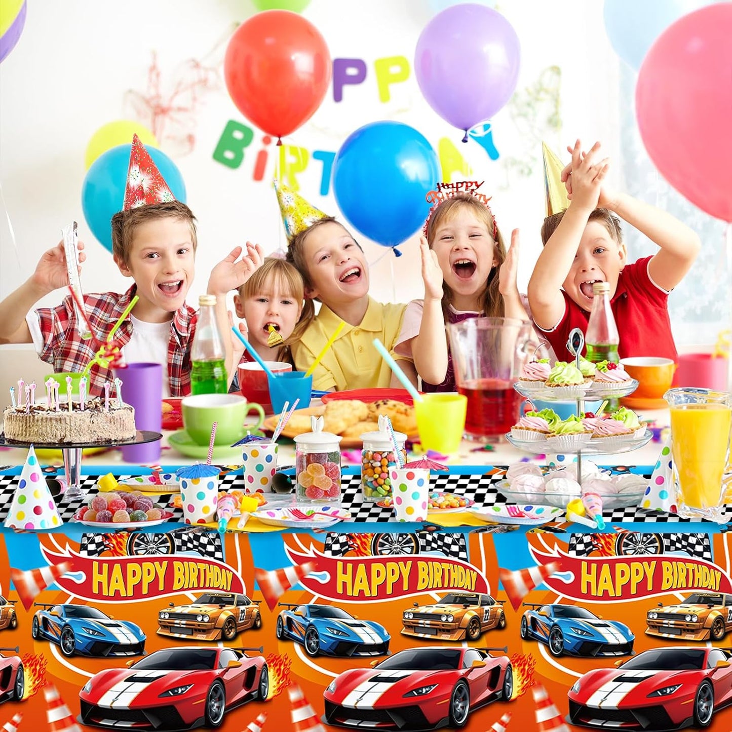 3Pcs Racing Car Plastic Tablecloth, Race Birthday Party Decorations, Checkered Table Cloth Decor 54'' x 108''