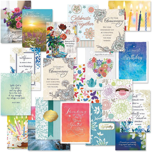 Current Faith All Occasion Value Pack - 20 Cards With Envelopes, Celebration, Get Well, Sympathy, Birthday, Anniversary & Thinking of You Variety, Large 5" x 7" Assortment, 20 Design Set