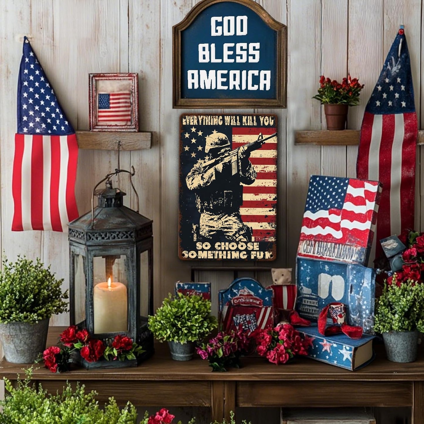 Memorial Day Metal Tin Sign U.S Army Everything Will Kill You So Choose Something Fun Aluminium Sign Veteran Metal Poster 16x12 Inch Home Kitchen Garage Man Cave Coffee Bar Wall Decor