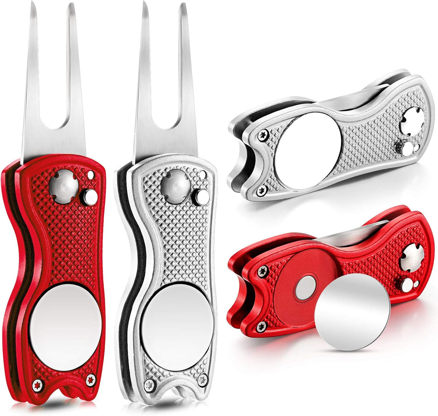 Skylety 4 Pcs Golf Divot Repair Tool Metal Foldable Golf Divot Tool with Magnetic Pop-up Button Ball Marker Stainless Steel Switchblade for Golfers Prizes