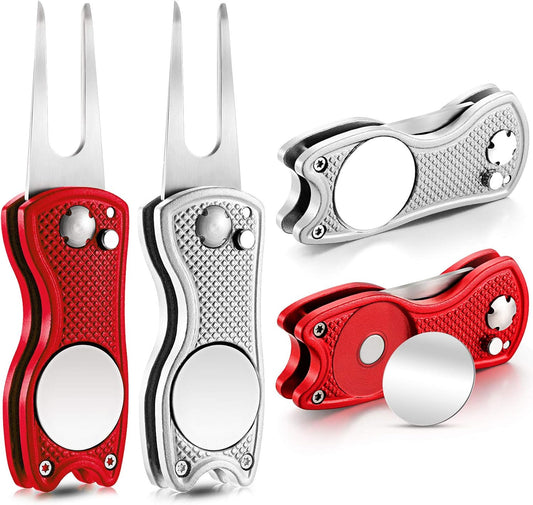 Skylety 4 Pcs Golf Divot Repair Tool Metal Foldable Golf Divot Tool with Magnetic Pop-up Button Ball Marker Stainless Steel Switchblade for Golfers Prizes