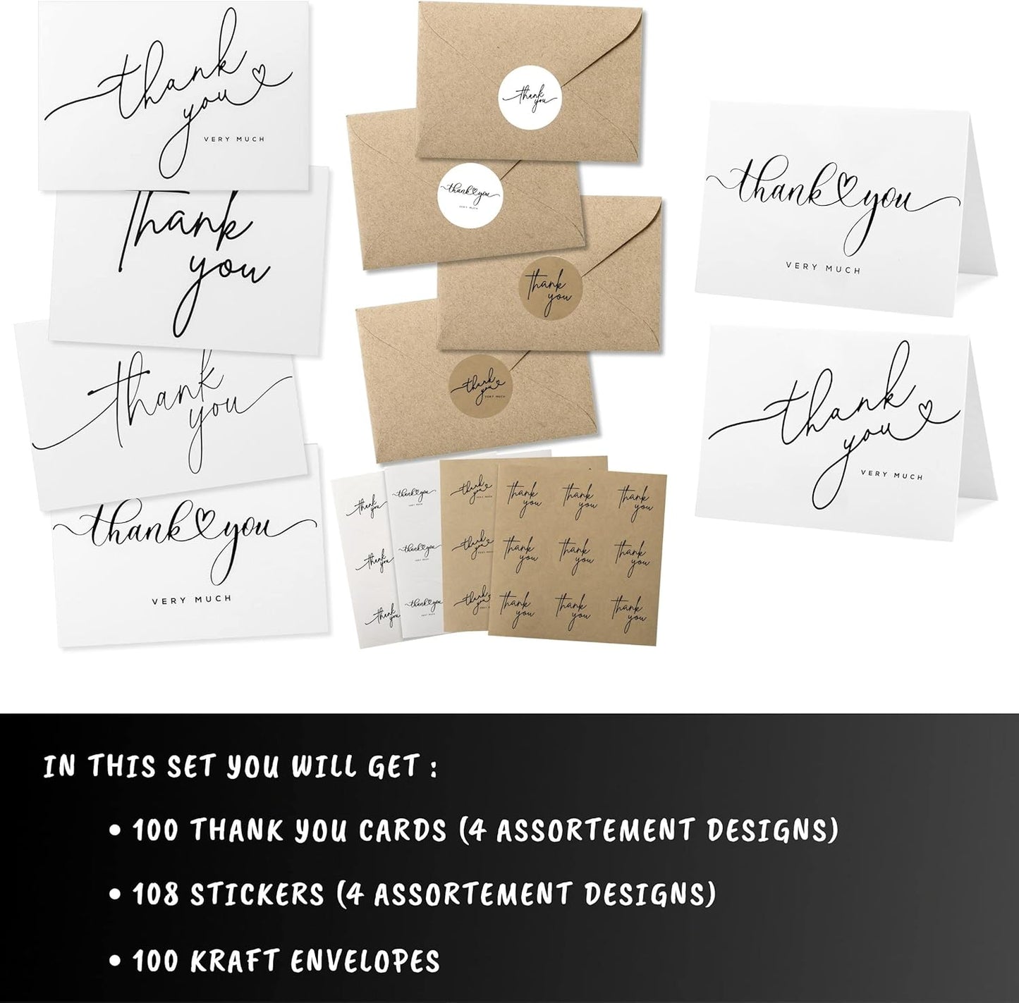100 Bulk Thank You Cards with Kraft Envelopes and stickers - 4 Minimalistic Designs Blank Thank You Notes with Envelopes for business Wedding Bridal Gift Baby Shower Business Graduation