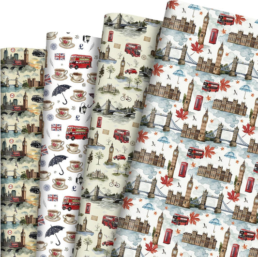 Pineraap London Wrapping Paper 12 Sheets – Big Ben,Tower Bridge,Umbrella UK Designs – British Gift Wrap for Birthday,Travel Lovers,20"×28"