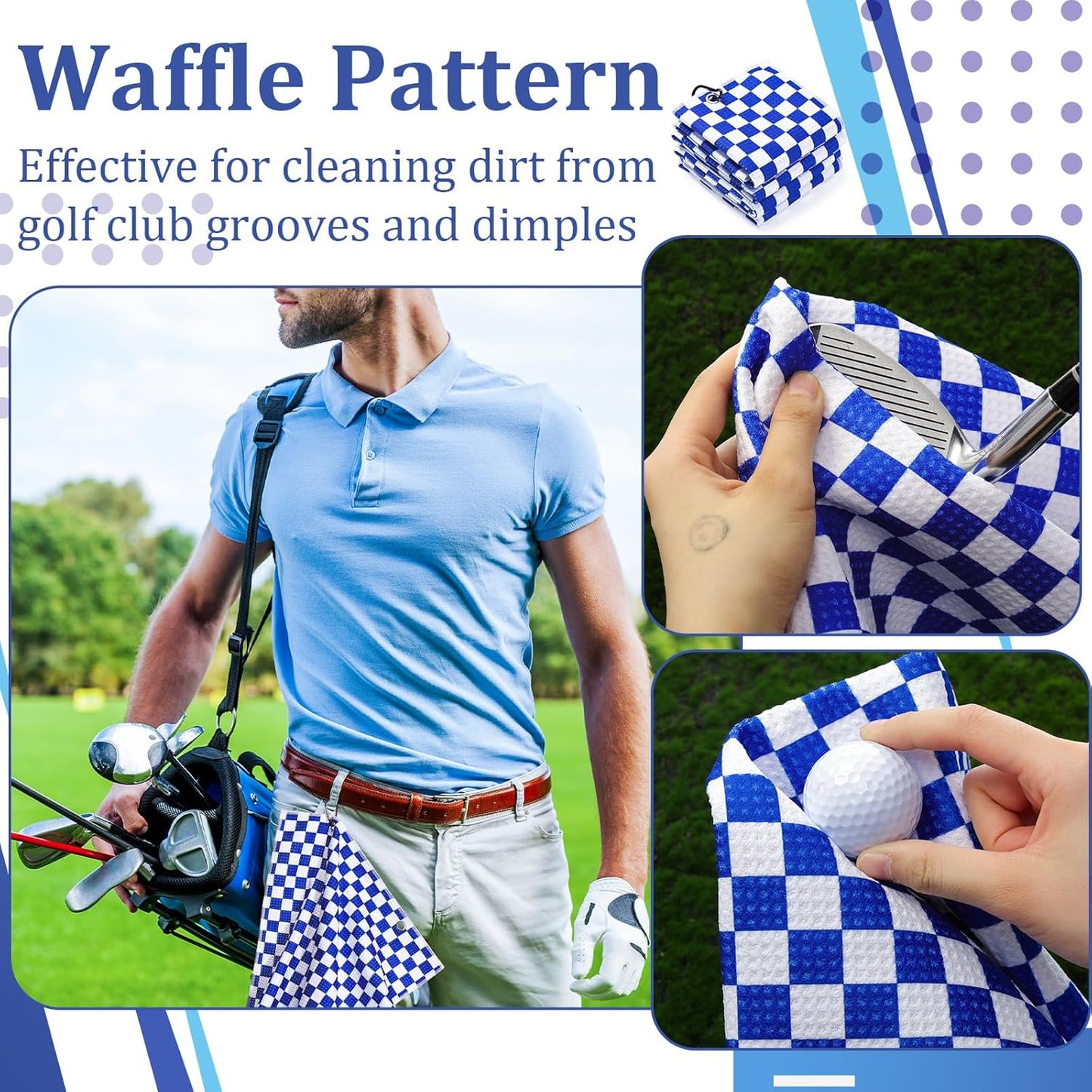 12 Pcs Golf Towels Bulk for Bags Microfiber Waffle Pattern Golf Towel with Clip 16'' x 16'', Ultra Absorbent Quick-Dry, Mini Tournament Yoga Fitness Men's Gifts(Sapphire Blue)