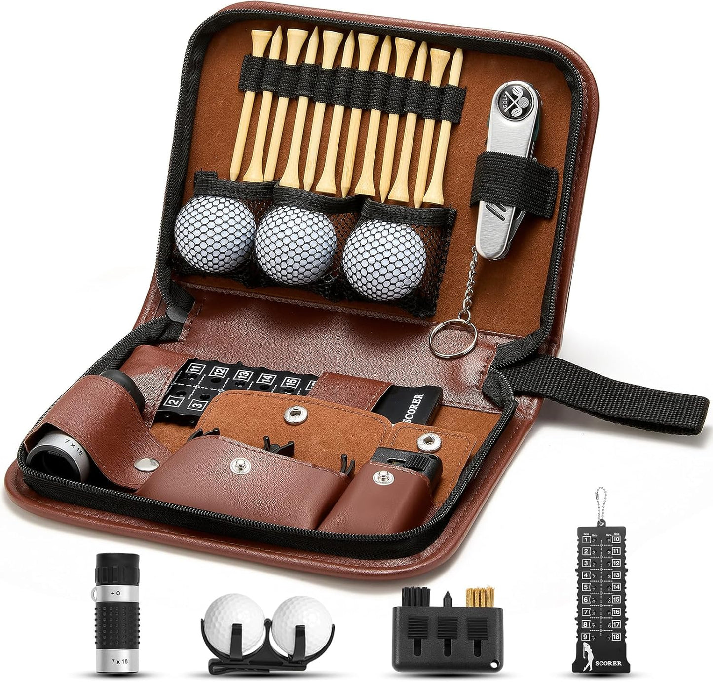 Golf Accessories for Men and Women for Golfers, Accessories Set in Hi-End PU Case with Golf Balls, HD Rangefinder, Golf Tees, Cleaning Brush, Divot Knife, Scorer, Golf Ball Clamp