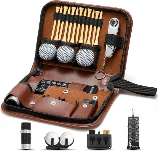 Golf Accessories for Men and Women for Golfers, Accessories Set in Hi-End PU Case with Golf Balls, HD Rangefinder, Golf Tees, Cleaning Brush, Divot Knife, Scorer, Golf Ball Clamp