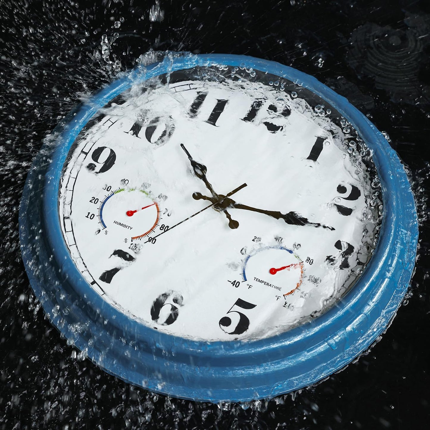 JENLYSTIME 16 Inch Blue Vintage Waterproof Indoor/Outdoor Wall Clock with Thermometer & Hygrometer, Large Numerals & Silent Sweep Movement - Ideal for Porch, Garden, Pool, Bathroom