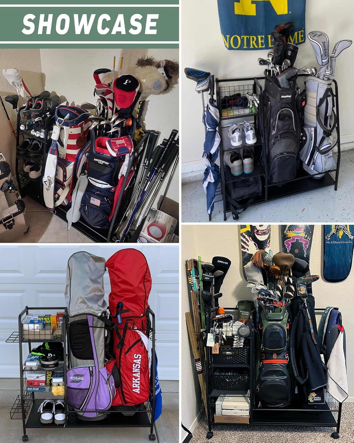 Golf Bag Organizer for Garage - 3 Golf Bag Storage Rack with Lockable Wheels - Golf Equipment Stand - Golf Clubs Bags Accessories Holder