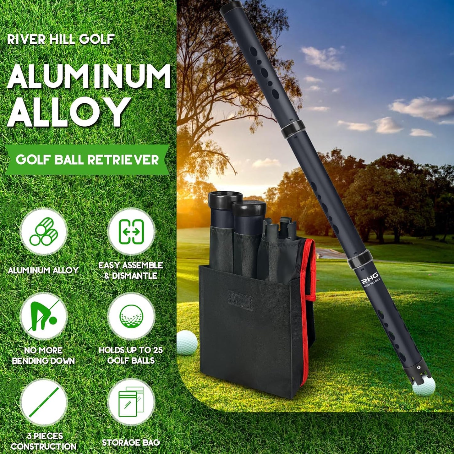 Golf Ball Retriever, Aluminum Alloy Picker Upper Tube, Golf Balls Shagger Grabber, Ball Collector, Pickup Tool Device for Men Women