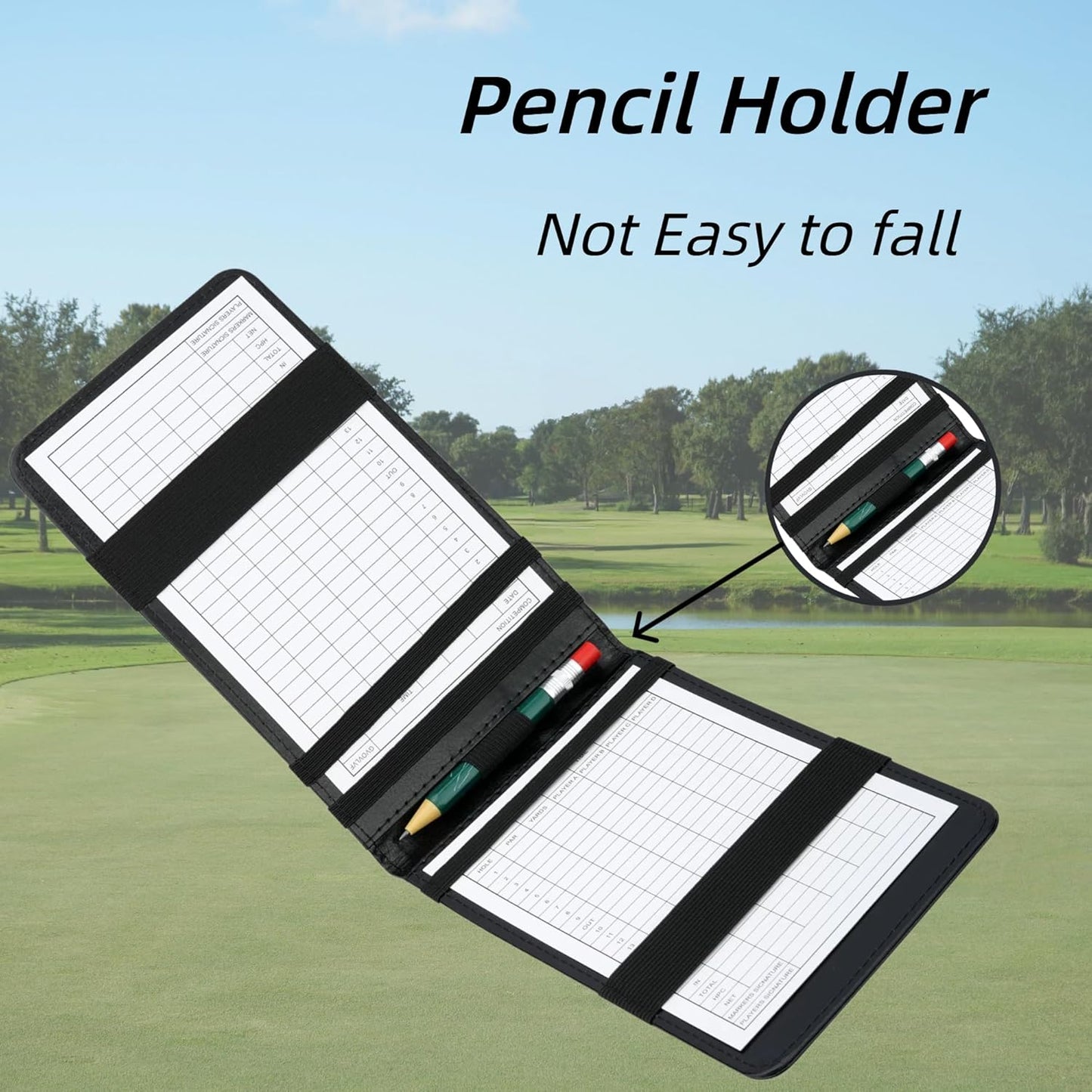 Golf Scorecard Holder PU Leather Yardage Book Cover with 2 Score Card,7.08"×4.33",Black