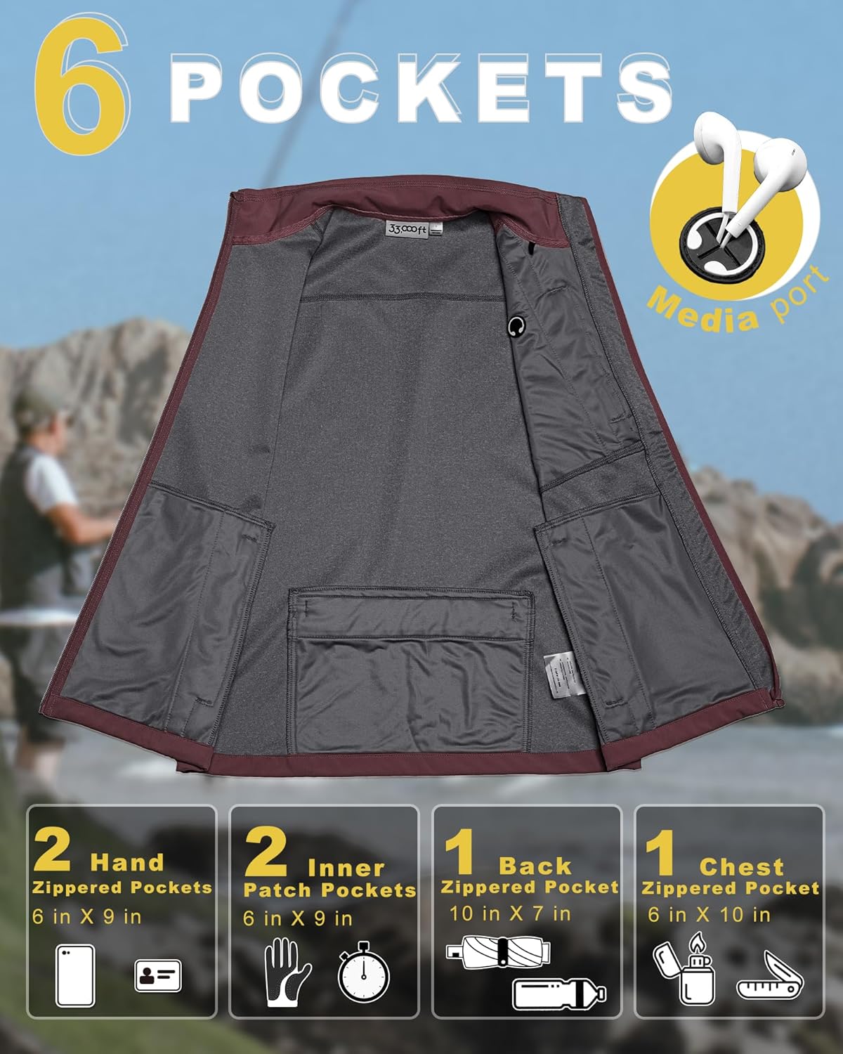 33,000ft Men's Windproof Lightweight Golf Vest Outerwear with Pockets, Softshell Sleeveless Jacket for Running Hiking Sports