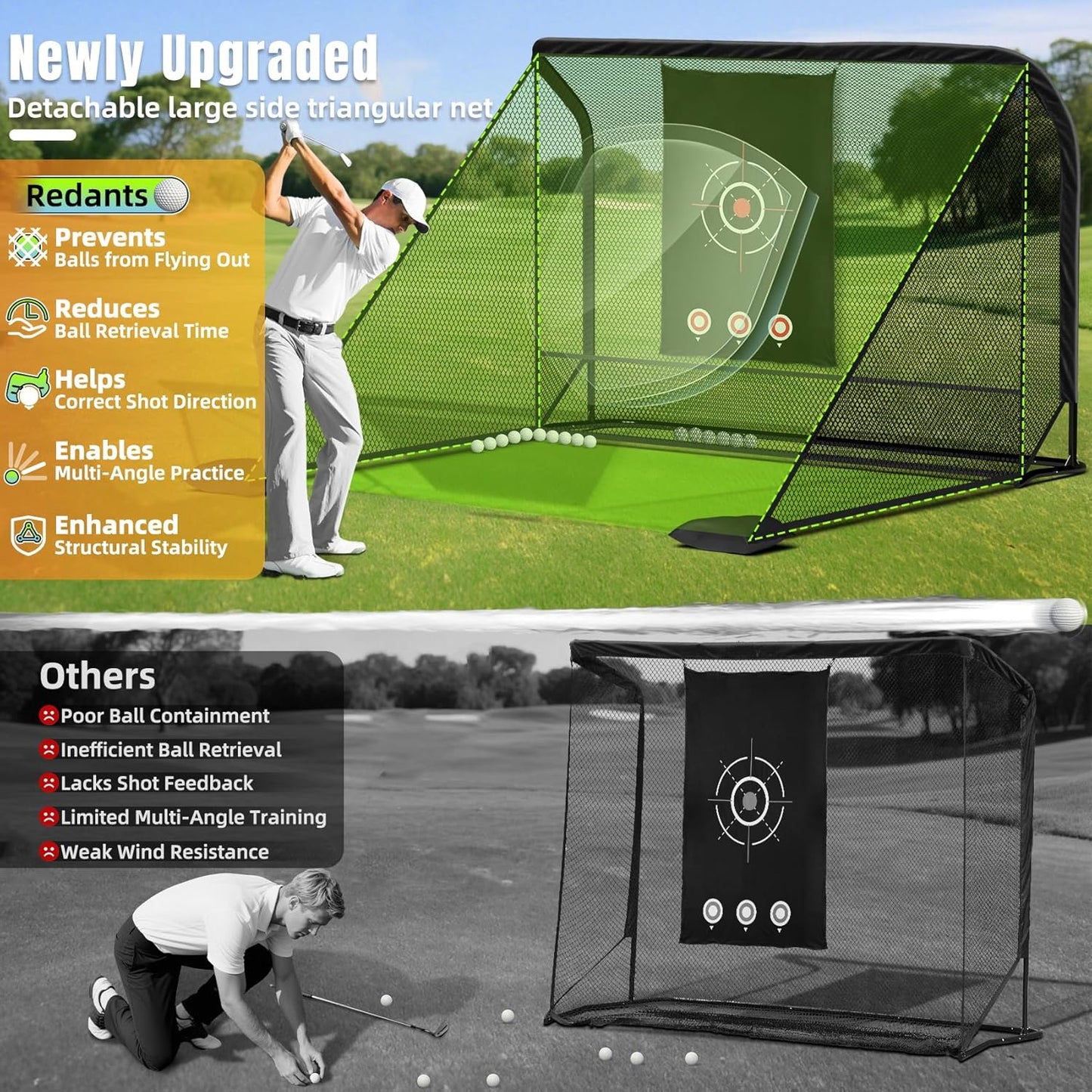 10x7FT Golf Practice Hitting Net, Heavy Steel Frame, Side Barriers, Low-Noise Target Cloth, for Backyard Driving Chipping Swing Training, Indoor/Outdoor Driving Range with Carry Bag