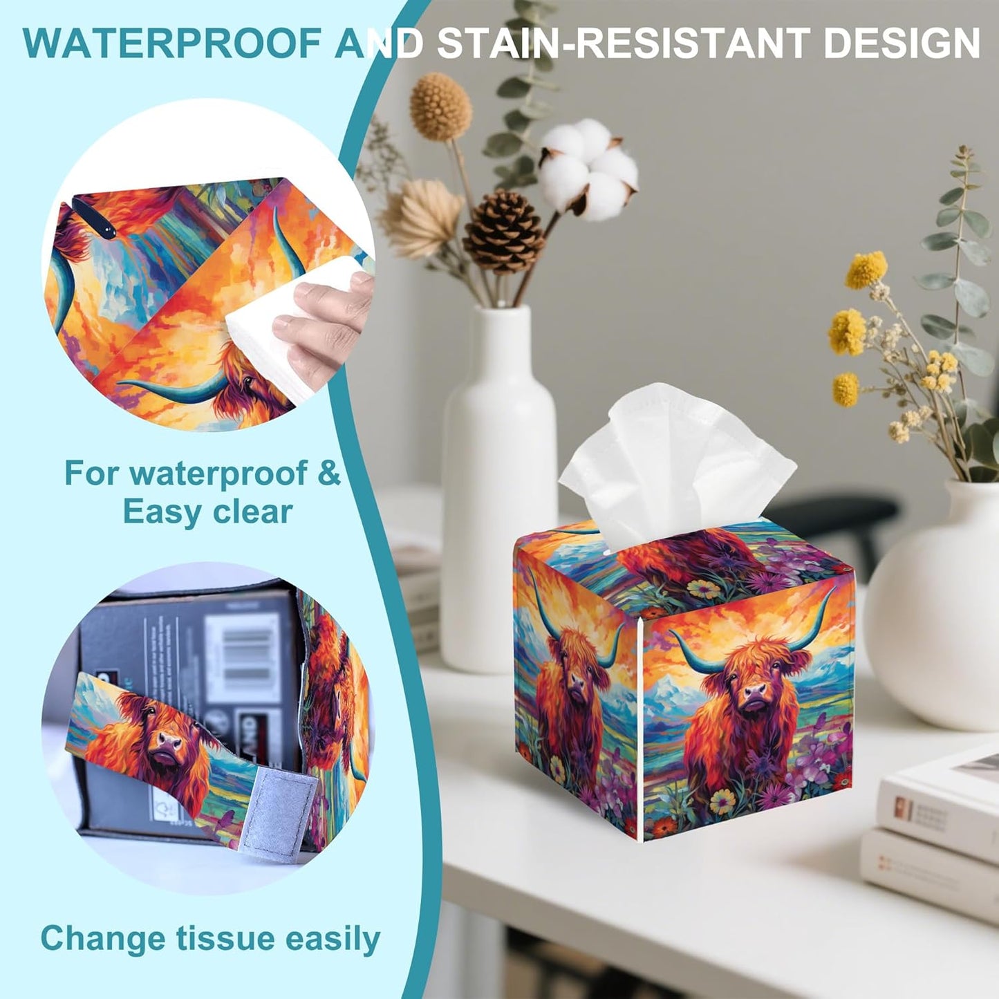 Watercolor Highland Cow Leather Tissue Holder,Mountain Flowers Square Tissue Box Cover,Modern Decorative Facial Tissue Paper Cover for Car Bedroom Nightstand Vanity Desk Office,5.2" x 5.2" x 5.2"