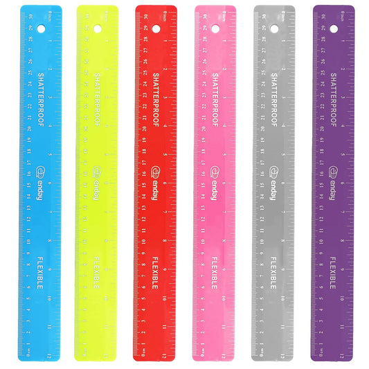 Emraw 12 inches (30 cm) Shatterproof Flexible Rulers Designed in Black, Blue, Green, Pink, Purple, and Orange - Great for School, Home, & Office – (6 Pack)