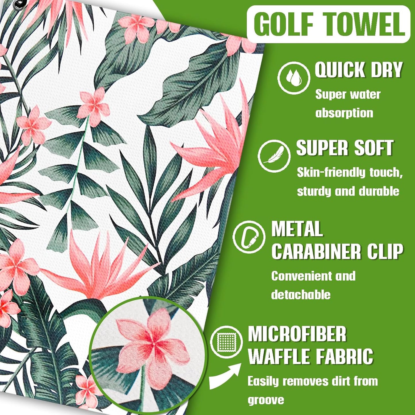Tropical Plants Golf Towel and Brush Set, Microfiber Waffle Golf Bag Towel with Clip, Golf Cleaning Kit for Men and Women, Leaves Golf Accessories for Golf Fan, Golf Lovers Golfers Retirement Gift