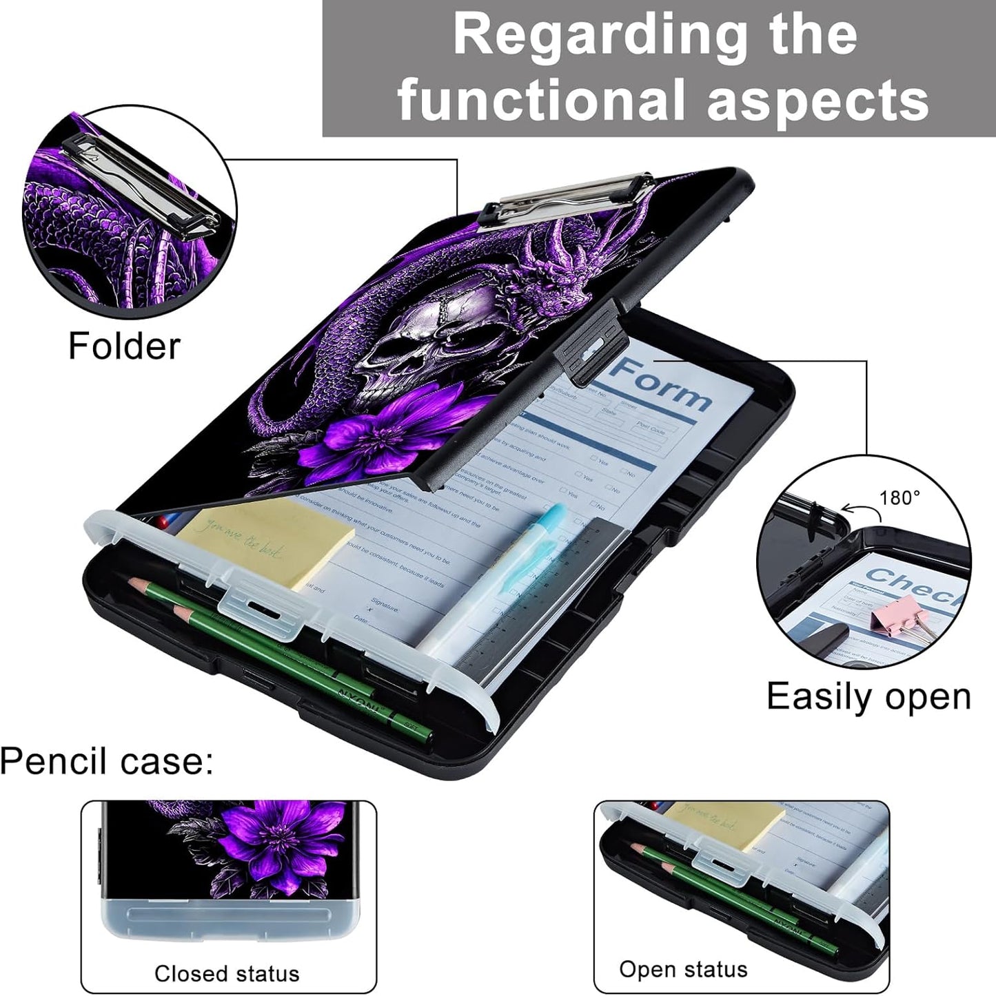 Clipboard with Storage - Large Capacity,Nursing Clipboard with Pen Holder,Heavy Duty,Plastic Side-Opening Folder for Teacher,Nurse - Purple Dragon Skull