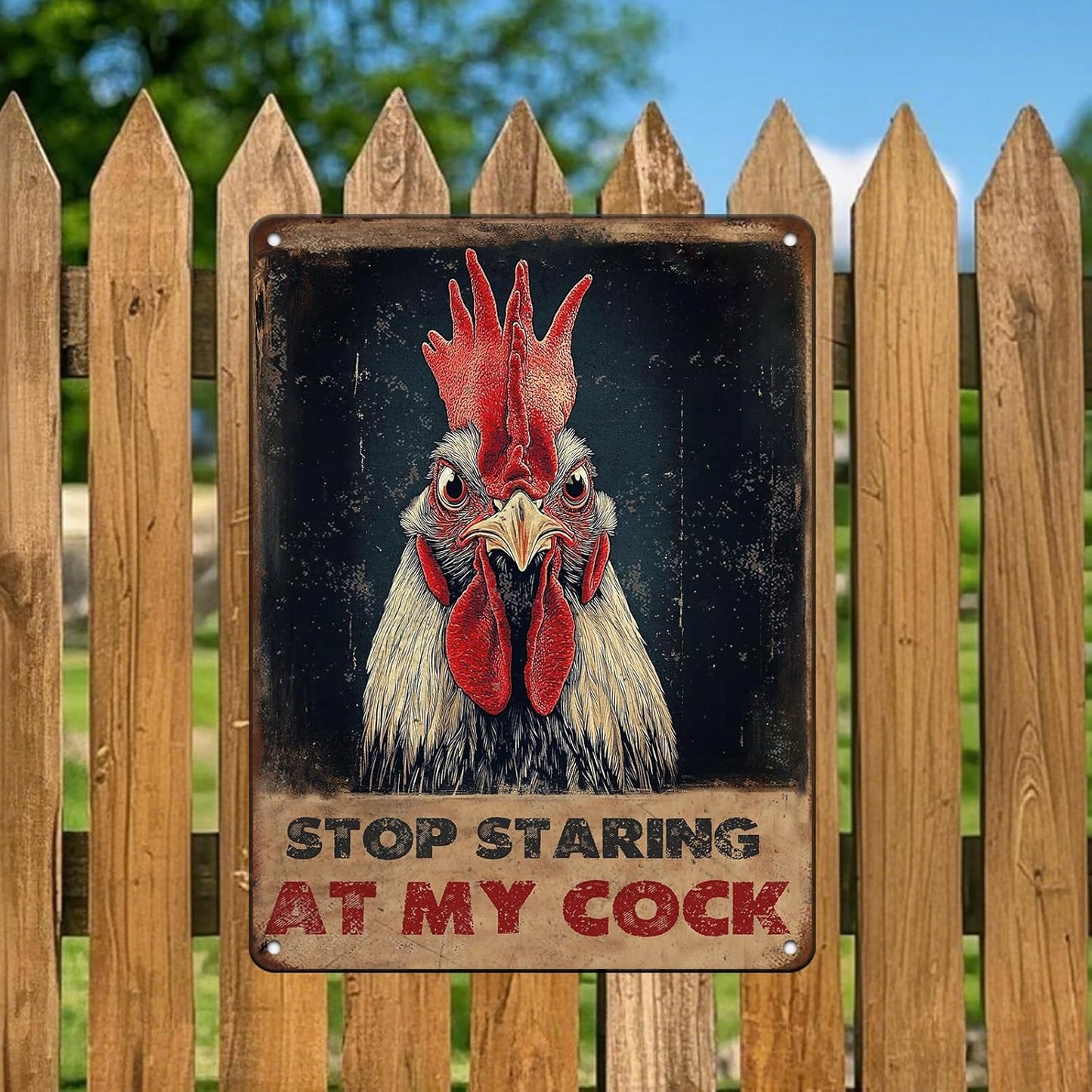 Vintage Farm Sign Chicken Stop Staring At My Cock Farmhouse Metal Tin Sign 12x16 Inch Home Wall Decor