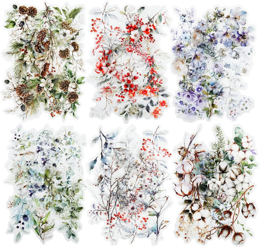 Floral Branch PET Stickers Set, 120PCS Botanical Flower Stickers for Scrapbooking, Journaling, DIY Crafts, and Art Supplies