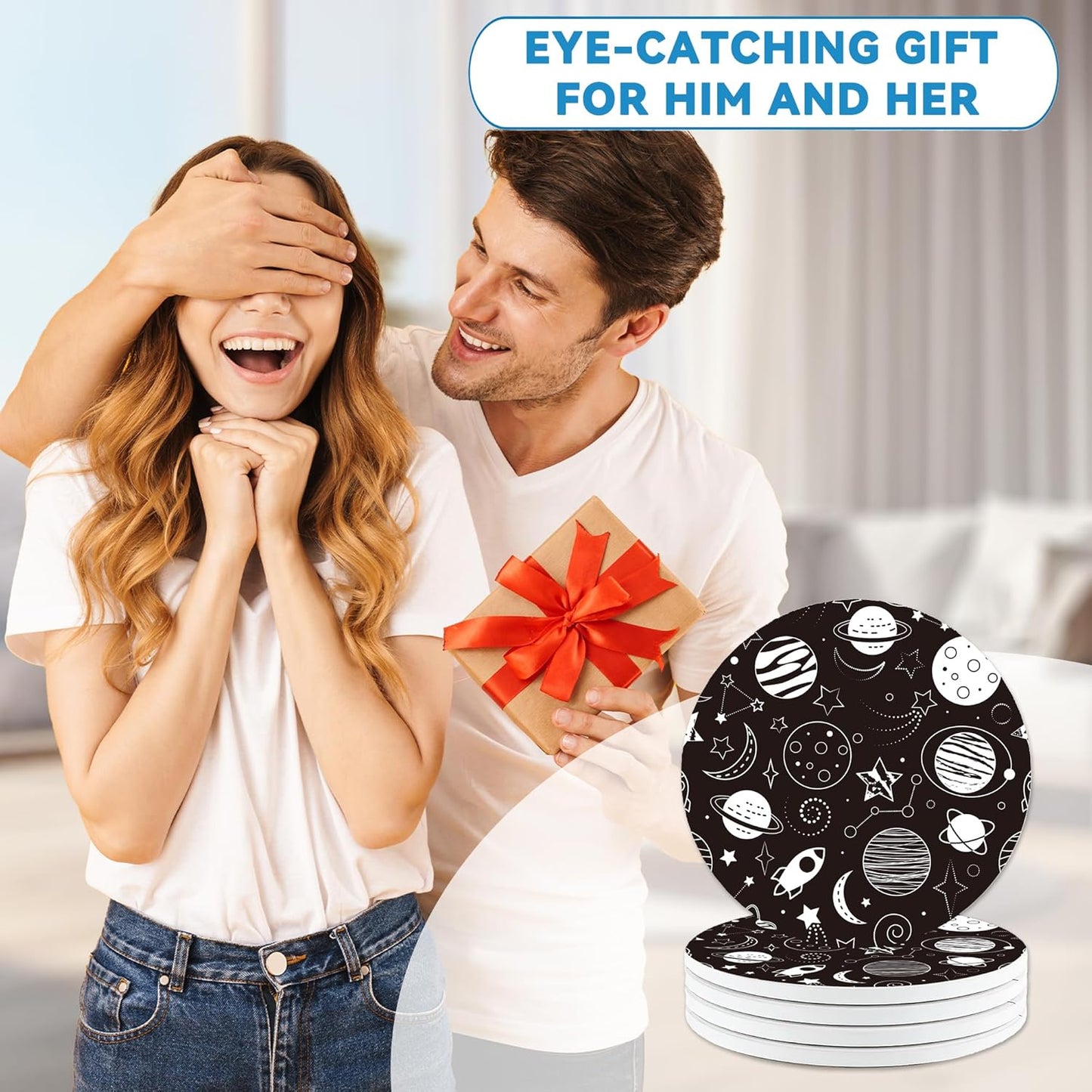 Drinks Coasters Set of 4, Cute Planets Rockets Round 4" Cup Coasters, Absorbent Ceramic Stone Coasters with Cork Base, Cute Coasters for Table Home Décor, Ideal Gifts for Women Men