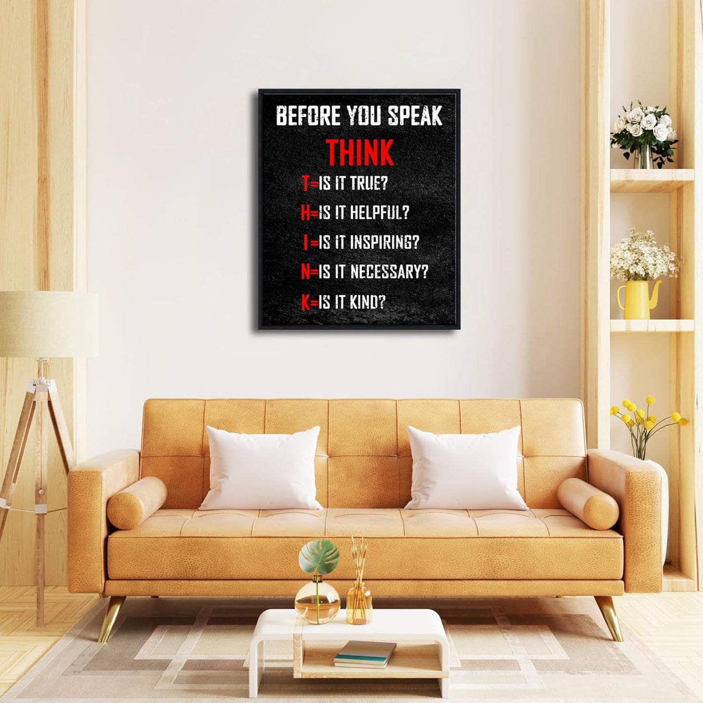 Pyradecor Large Inspirational Poster Black Framed Canvas Wall Art Motivational Think Before You Speak Classroom Positive Quotes for Office Home Decorations